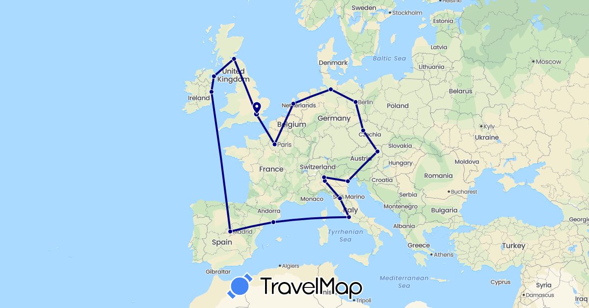 TravelMap itinerary: driving in Austria, Czech Republic, Germany, Spain, France, United Kingdom, Ireland, Italy, Netherlands (Europe)
