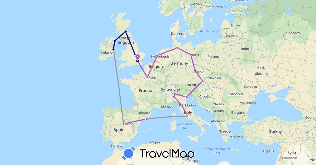 TravelMap itinerary: driving, plane, train in Austria, Czech Republic, Germany, Spain, France, United Kingdom, Ireland, Italy, Netherlands (Europe)